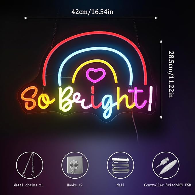"So Bright!" Rainbow Light - Joyful & Vibrant LED Wall Art for Nursery, Playroom, Kids Room or LGBTQ+ Pride Decor, Dimmable USB, Cheerful Uplifting Gift for Celebrating Love & Color - Image 5