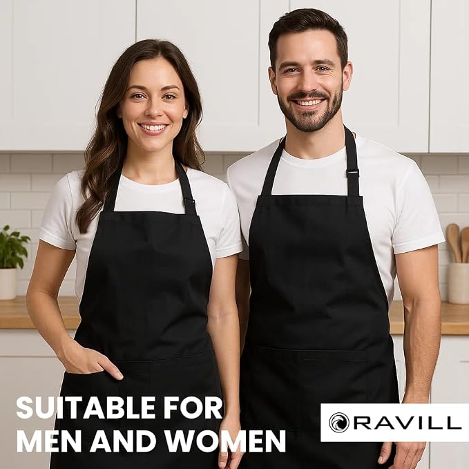 Ravill Black Apron with Pockets for Men and Women - 35" Long Multi Purpose Polyester Work Aprons for Cooking, Cleaning, Baking, Art - Water Resistant Kitchen Apron - Image 2