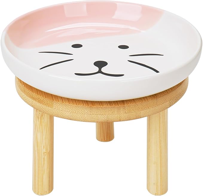 Shallow Elevated Cat Bowls with Bamboo Stand, 5.9 Inch Wide Ceramic Cat Dish Whisker Friendly,Pet Food and Water Plates