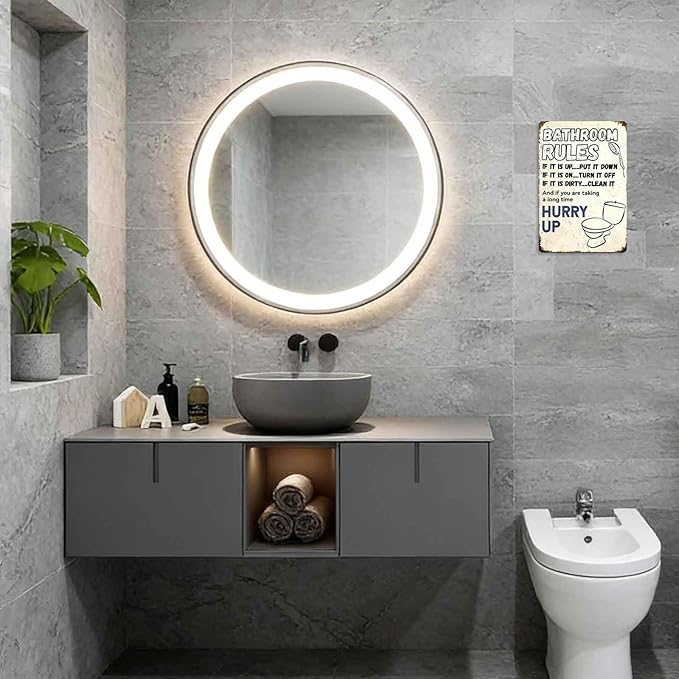 Vintage 'Bathroom Rules' Metal Tin Sign – Funny Wall Art for Bathroom Decor, 8x12 Inch