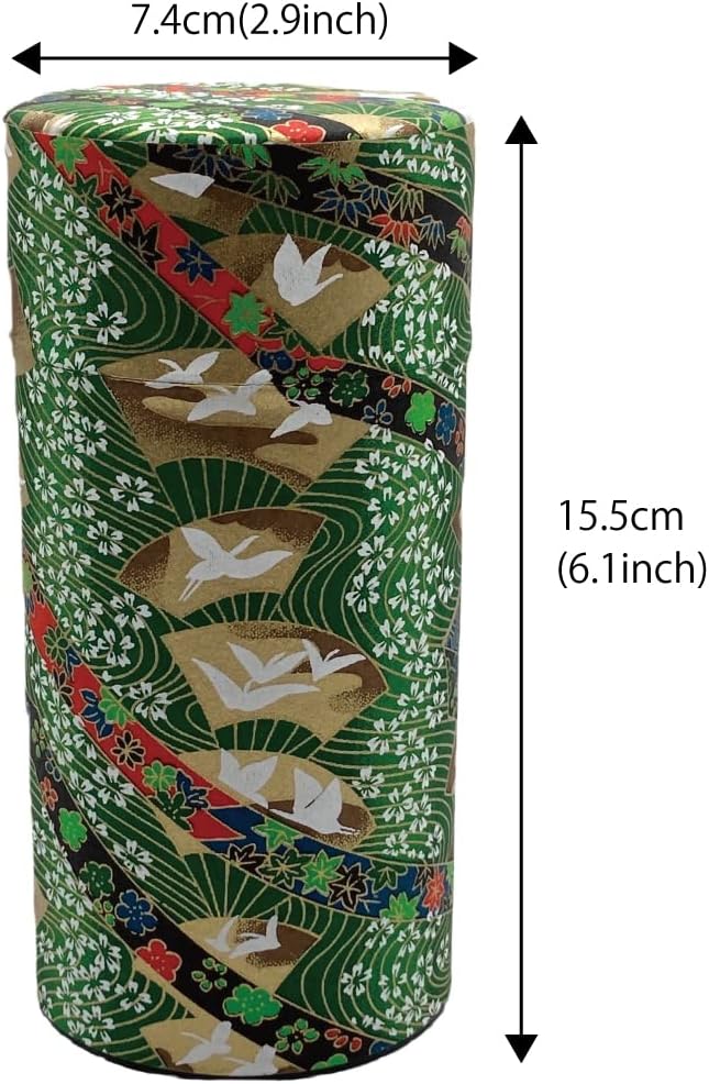 Japanese Tea Canister Tin Crane on a Fan Green/Double Lid/Japanese YUZEN Washi Paper Pasted /200g Tea Capacity/Loose Leaf Tea Storage/Storage Container with Lid