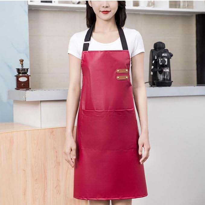 Waterproof Apron Large Pocket PU Material Waterproof Oil-proof Dust-proof Apron Black and Red - Image 2