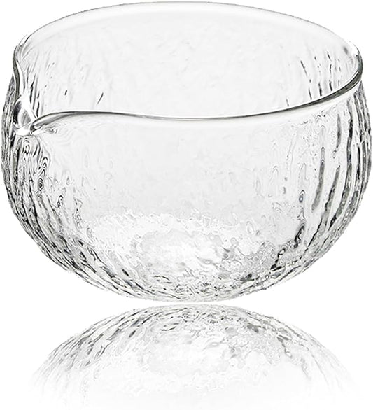Handmade Japanese Style Matcha Green Tea Ceremony Bowl, Textured Glass, 13.5 oz, With Pouring Spout (Glass)