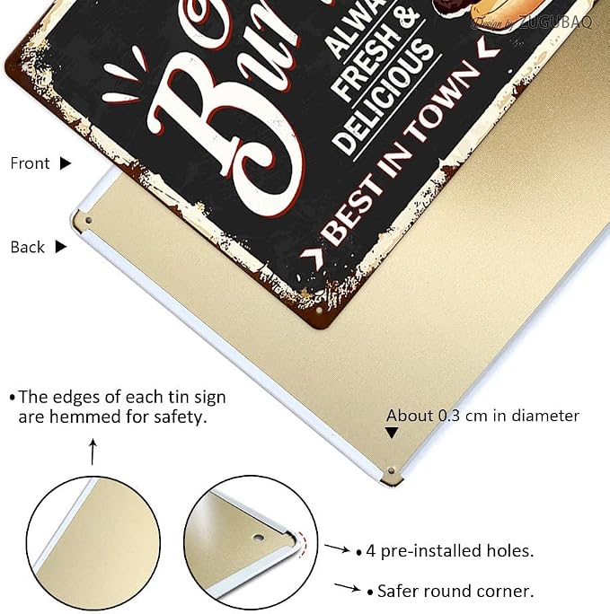 Hot Burgers Tin Signs Vintage Metal Sign Funny Food Art Printing Poster Wall Decor for Home Kitchen Bar Restaurant Cafe Pub Indoor Outdoor 12x8 Inch Hanging Plaque - Image 3
