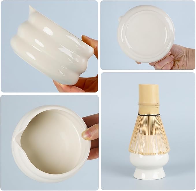 White Matcha Whisk Set, Ceramic Matcha Kit Set Valentine Gift Present Includes Matcha Bowl, Matcha Whisk and Holder, Bamboo Scoop, Scoop Rest, Sifter and Tea Towel - 7 Pcs Matcha Kit for Matcha Lovers