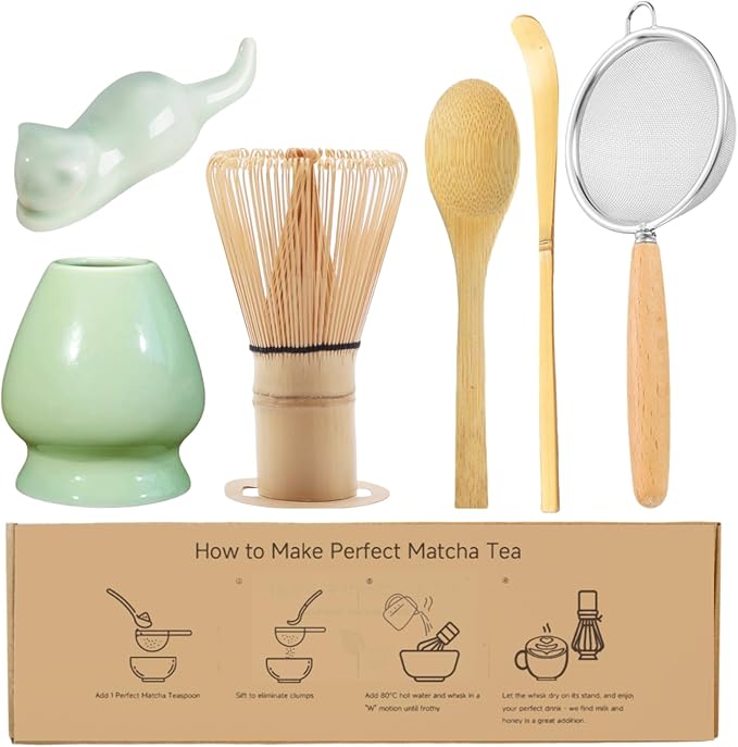 Matcha Whisk Set, 6-Piece Matcha Making Kit, Macha Tea Set, (Chasen Holder), Ceramic Whisk Holder, Matcha Starter Sifter, Bamboo Scoop, Spoon Japanese Tea Tools For Ceremony Gift (Green)