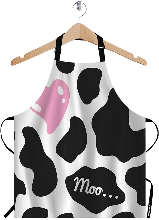 WONDERTIFY Heart Apron,Pink Heart on The Black and White Cow Skin Pattern Background Bib Apron with Adjustable Neck for Men Women,Suitable for Home Kitchen Cooking Waitress Chef Grill Bistro Apron