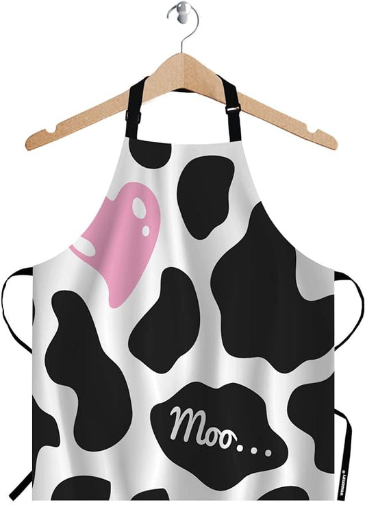 WONDERTIFY Heart Apron,Pink Heart on The Black and White Cow Skin Pattern Background Bib Apron with Adjustable Neck for Men Women,Suitable for Home Kitchen Cooking Waitress Chef Grill Bistro Apron