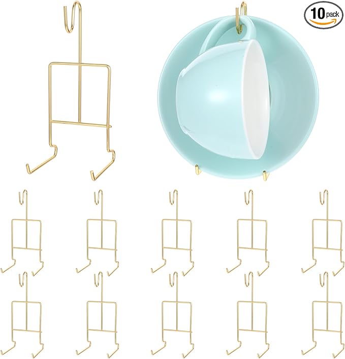 10 Pcs Tea Cup and Saucer Display Holder Metal Cup Saucer Holder Tea Coffee Mug Organizer for Plate (6.2 x 2.4 Inches, Gold)