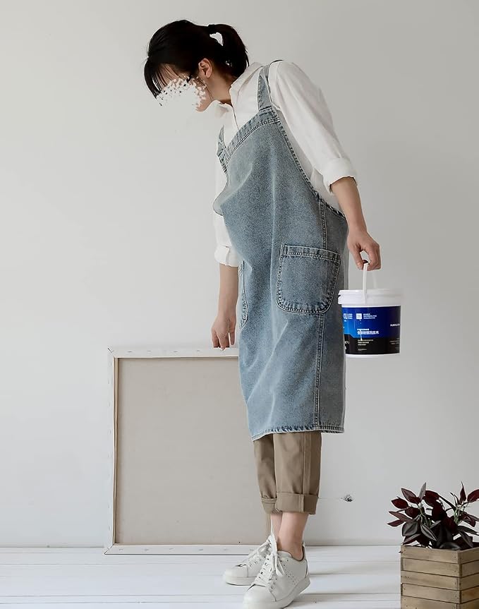 Cotton Denim Apron Soft - Unisex Adjustable Bib Apron with 5-Pockets Perfect for Kitchens - Image 2