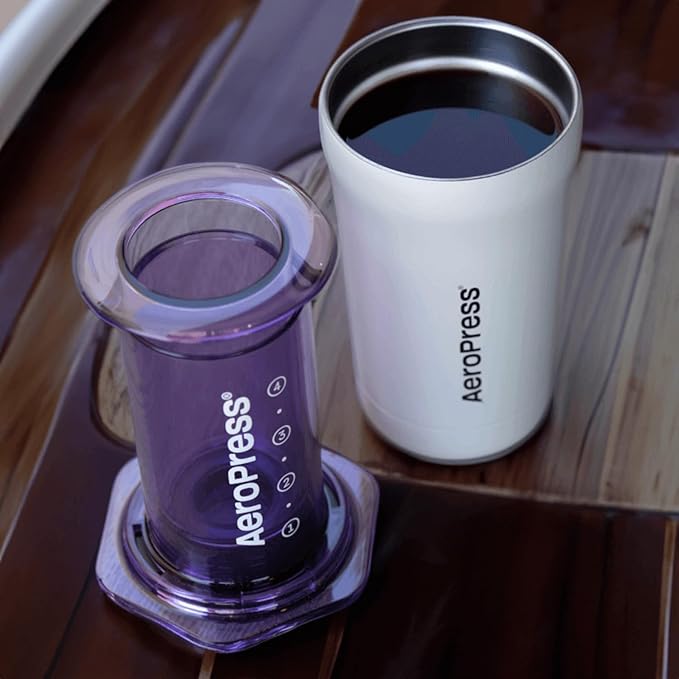 AeroPress Stainless Steel Travel Coffee Tumbler - Double-Wall Insulation for Hot or Cold Drinks with a Splash-Resistant Lid and Built-In Filter Storage, Cup Holder Friendly - 16 oz, Cream