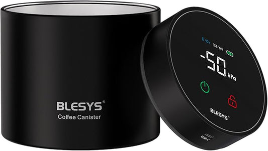 Smart Vacuum Coffee Canister, Automatic Stainless Steel Food Storage Container, LCD Monitoring, One-touch Freshness, Date Tracker, Extra-long Standby Time, Holds 11 oz Coffee Beans (Black, 0.9L)