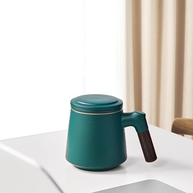 ZENS Tea Cup with Infuser and Lid, 11 oz Ceramic Steeper Mug for Loose Leaf Tea Lovers Gifts, Wood Handle Tea Strainers Green
