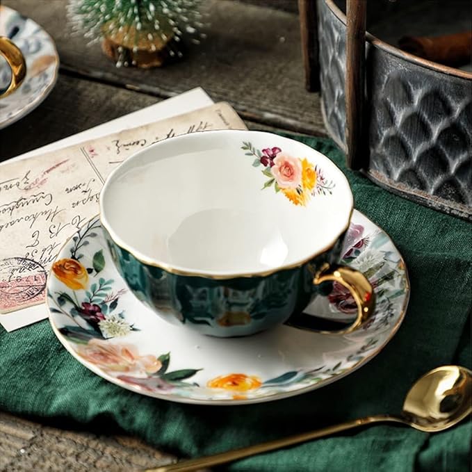 ONEUSTAR Tea Cups and Saucers Set of 2 Bone China Floral English Teacup with Spoon Coffee Cups Cappuccino Espresso Latte Mug for Christmas Gift, 8 Oz