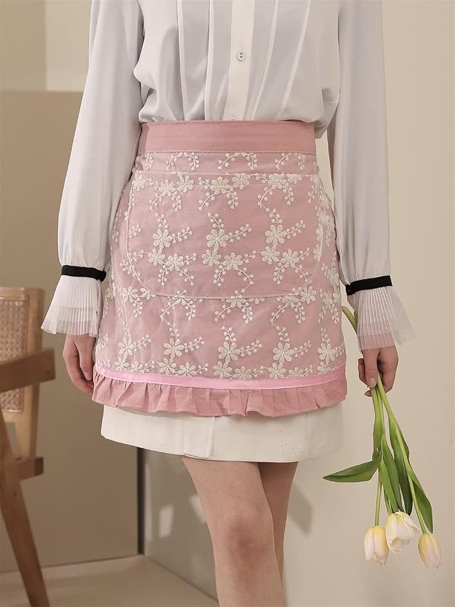 Unisex Chef Aprons White Retro Cotton Maid Short 2 Pockets Waist Waiter Waitress Half Apron - Image 6