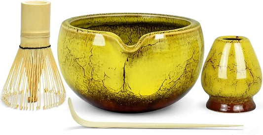 Artcome Matcha Tea Set – 20.2oz Premium Matcha Bowl with Spout, Whisk, Scoop, Whisk Holder & Brewing Guide – Authentic Japanese Tea Ceremony Tools for Perfect Matcha Preparation, Yellow