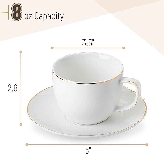 BTaT- Cappuccino Cups with Saucers 8 oz, Set of 12, White Porcelain Coffee Cup and Saucer Set for Latte with Golden Trim Design, Dishwasher Safe, Mocha, Tea, Au Lait, Flat White