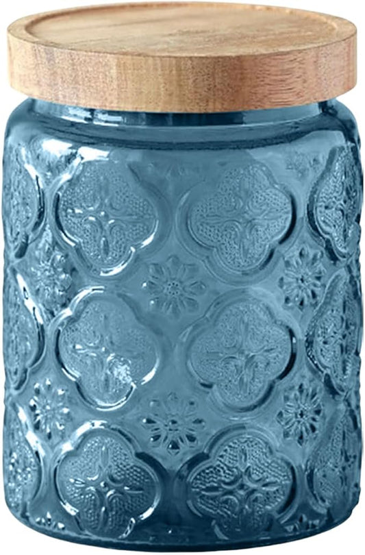 Glass Jar with Lid, Vintage Glass Storage Jars with Airtight Lid Coffee Canister Sugar Container for Kitchen Counter Pantry, Spice, Candy, Coffee Beans, Tea, Cookie (24 FL OZ Blue Begonia)