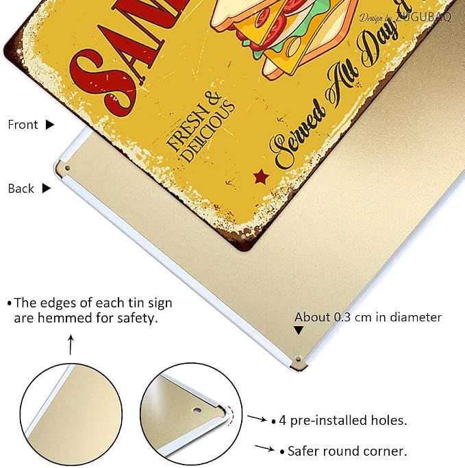 Sandwiches Tin Signs Vintage Metal Sign Funny Food Art Printing Poster Wall Decor for Home Kitchen Bar Restaurant Cafe Pub Indoor Outdoor 12x8 Inch Hanging Plaque - Image 3