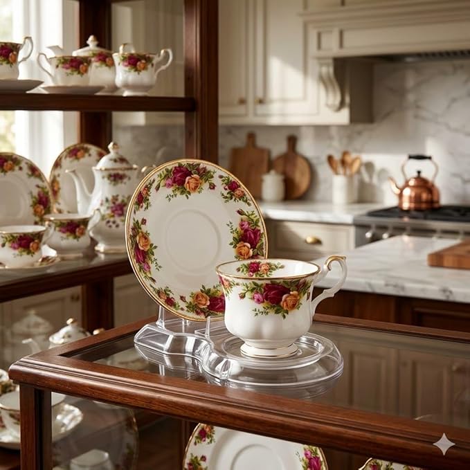 HOHIYA 12 Pcs Clear Acrylic Tea Cup and Saucer Display Stand Set Stackable Teacup Holder Rack for China TeaCups Coffee Mugs and China Dish Display Organizer