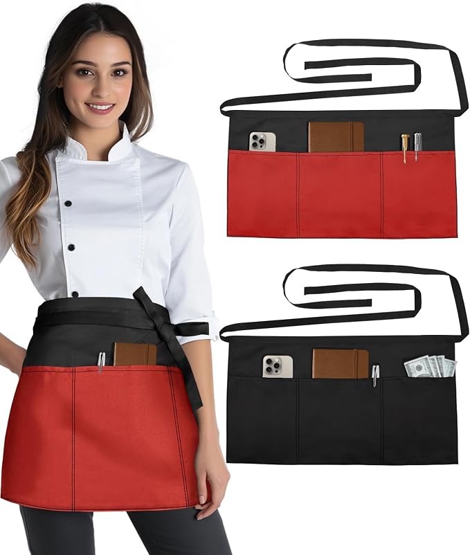 Slohif Reversible Server Apron 6 Pockets - Waist Apron for Waitress Women Half Serving Short Apron for Waiter by Slohif