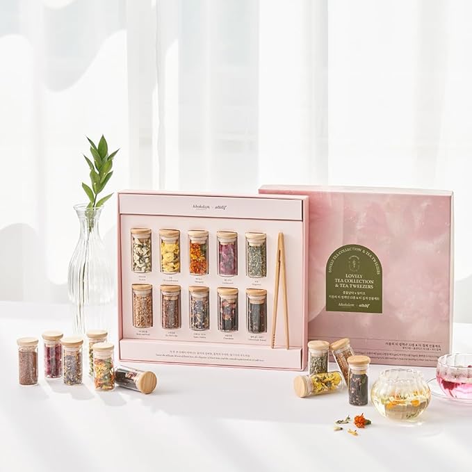 KKOKDAM Premium 10-Tea Sampler Gift Set with Wooden Tweezers – 5 Blooming Flower & 5 Blended Loose Leaf Teas – Unique Korean Gift Box for Women, Mom & Tea Lovers – 1.68oz Variety Pack