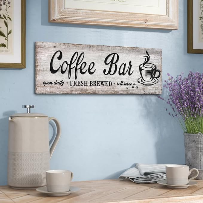 Rustic Wood Grain Coffee Station Decor - Retro Coffee Bar Signs for Kitchen - Self Serve Fresh Brewed Open Daily, Large Farmhouse Wall Hanging Plaque 12"x36"