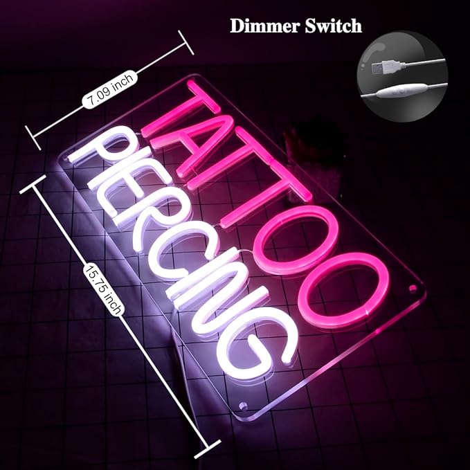 Britrio TATTOO Neon Sign Light Salon Studio Shop Plaque Pink LED Wall Art Decor Sign for Body Piercing Business Stores Beauty SPA Man Cave Garage Office Birthday Gift Indoors 5V USB 15.8 IN