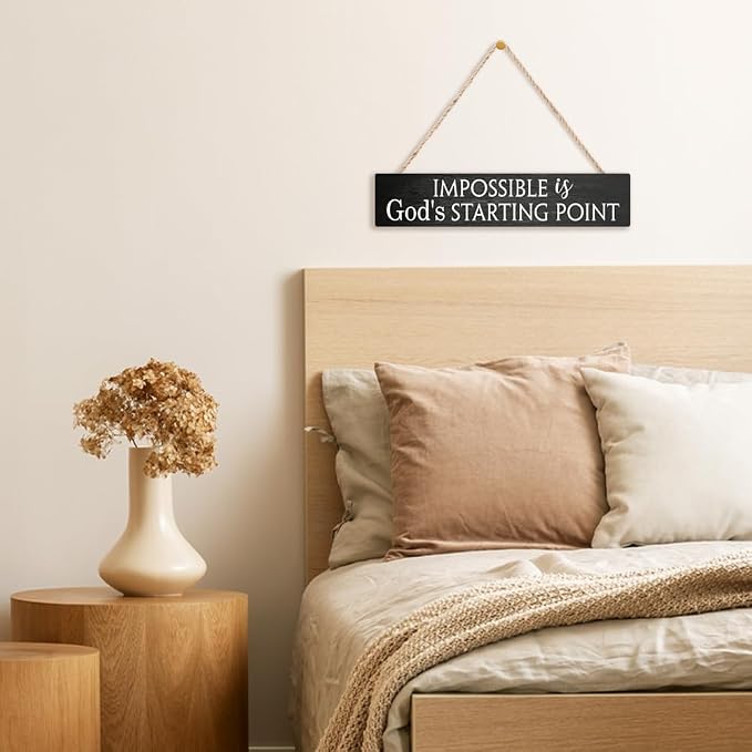 AGMDESIGN Impossible Is God's Starting Point Wood Sign, Christian Wall Art Decor for Shelf Desk Door, Inspiring Wooden Hanging Plaque for Home Church Youth Fellowship Farmhouse Bedroom Office - Image 5