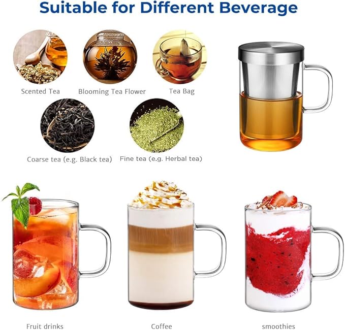 ecooe 16.9 Oz Borosilicate Glass Tea Mug Cup Tea Glasses with Stainless Steel Infuser & Lid, Loose Leaf Glass Tea Cup Teacup 430mL(Use Capacity)