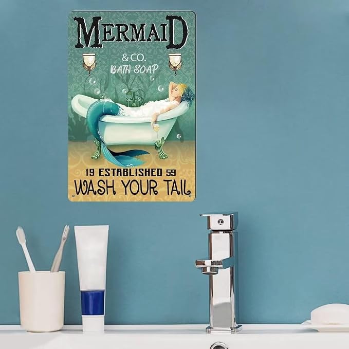 Mermaid Decor Vintage Funny Mermaid Bathroom Decor Vintage Metal Tin Sign - Wash Your Tail - Cafe Office Home Toilet Signs Room Bedroom Wall Decor 8X12Inch - Image 3
