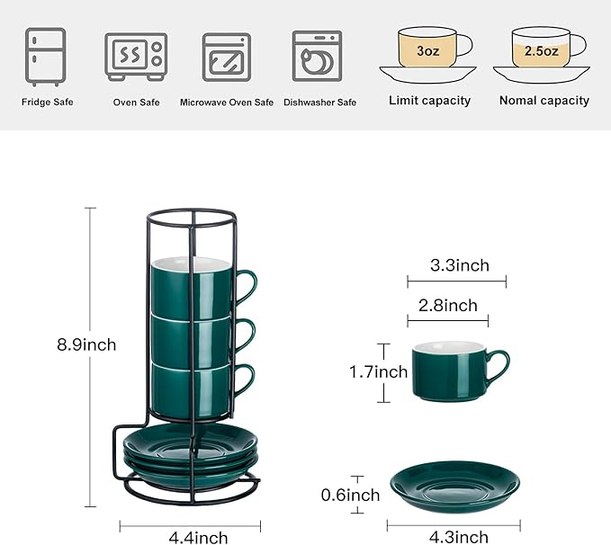 2.5oz Espresso Cups Set of 4, Porcelain Stackable Espresso Cups with Saucers and Metal Stand Set, Green Expresso Shots Cup Set