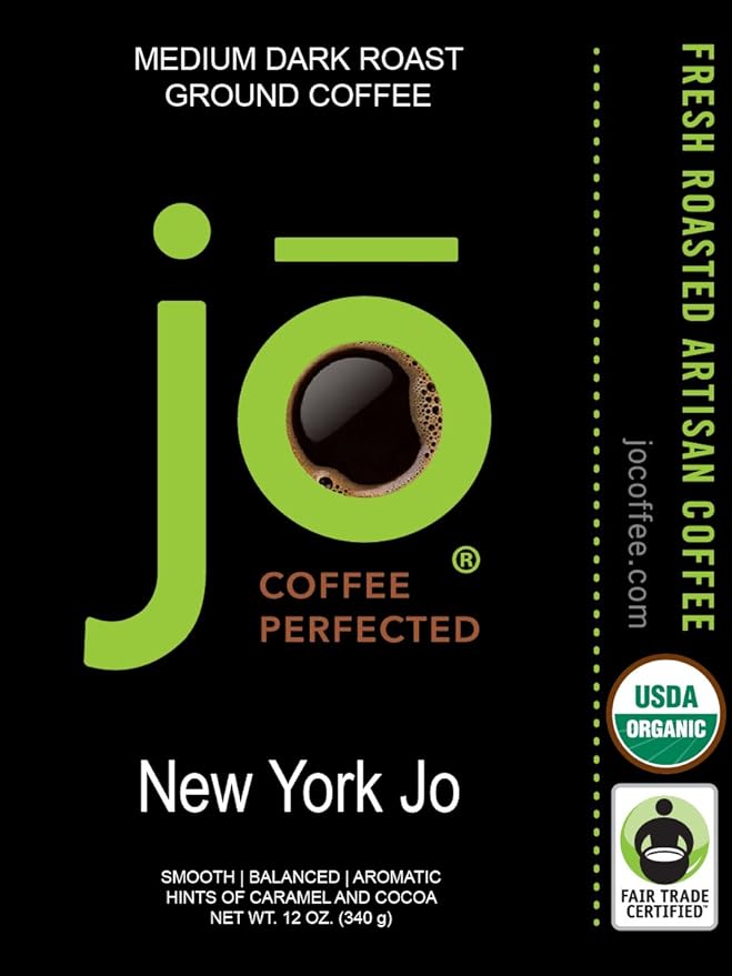 NEW YORK JO: 12 oz, Medium Dark Roast Organic Ground Coffee, Signature Blend, 100% Arabica Coffee, USDA Certified Organic, NON-GMO, Fair Trade Certified, Gluten Free, Gourmet Coffee from Jo Coffee®