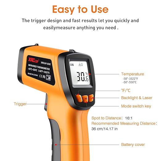 XRCLIF Infrared Thermometer Gun -58°F to 1022°F, Non-Contact Laser Thermometer with LCD Display, Temperature Measurement Gun for Cooking, BBQ, Oven, Adjustable Emissivity