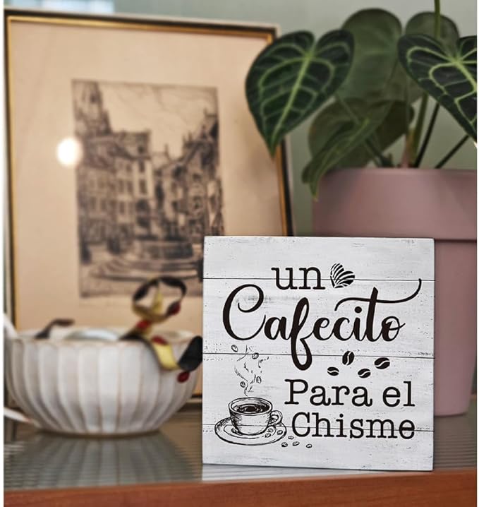 un Cafecito Para el Chisme Funny Spanish Coffee Bar Sign, 5x5 Rustic Farmhouse Wooden Coffee Decor for Kitchen, Home Office, Coffee Lovers Gift