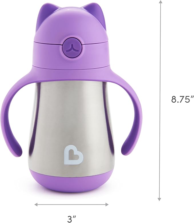 Munchkin Cool Cat Sippy Cup with Straw for Toddlers, Stainless Steel Straw Cup, 8 Ounce, Purple