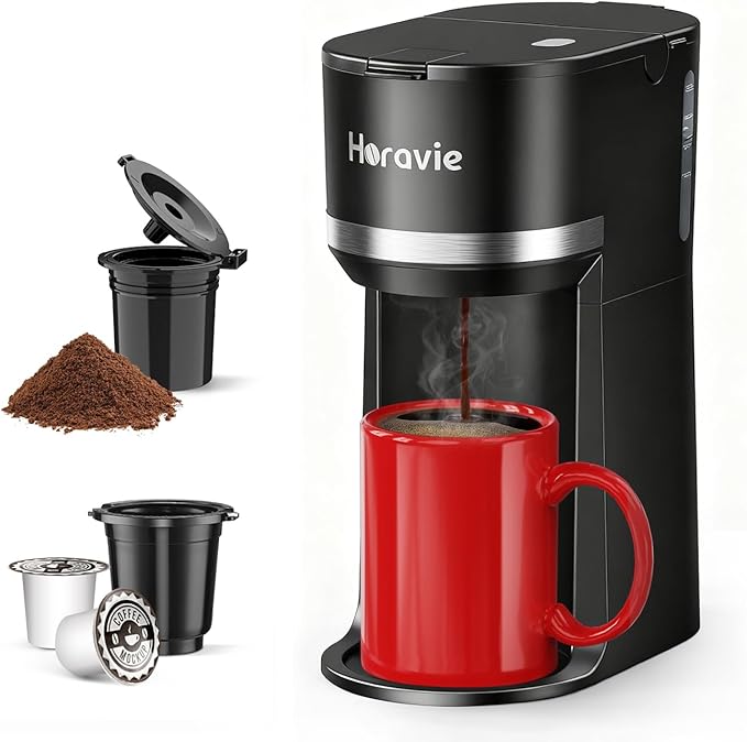 Small Single Serve Coffee Maker for K Cup and Ground Coffee, Fast Brew One Cup Coffee Machine with Descaling Reminder and Water Window, 6 to 12 oz. Brew Sizes, Black