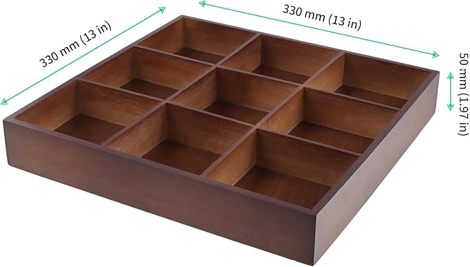 FUNSUEI 2 PCS Multi Compartment Wooden Tray, Divided Wooden Tray, Bamboo Serving Tray with 9 Sections, Wood Divided Snack Tray Storage Box for Appetizers, Jewelry, 12 x 12 x 1.85 Inch