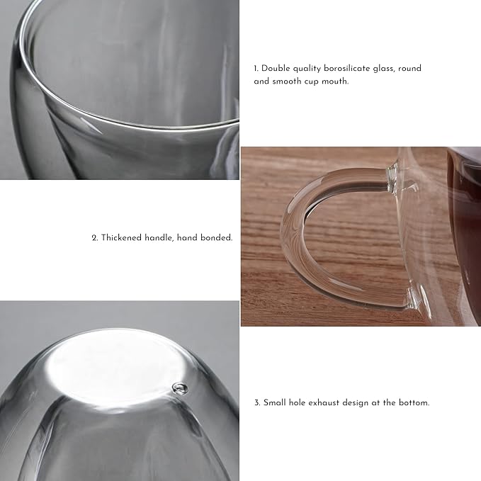 Heart Shaped Double Walled Insulated Glass Coffee Mugs or Aesthetic Tea Cups, Double Wall Glass 8 oz, Clear (2)