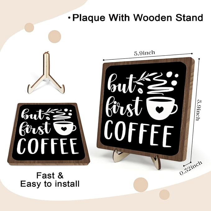 Vintage Coffee Bar Wooden Plaque Desk Sign, Farmhouse Wood Plaque Tabletop Decor for Cafe Bar Kitchen Office,Coffee Station Accessories 5.9x5.9Inch