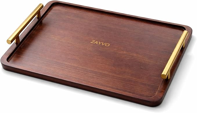 Zayvo Bamboo Serving Tray, Wood Serving Tray with Handles Breakfast Tray Decorative Tray for Living Room Kitchen Serving Platter Ottoman Tray Wood Bed Tray (Walnut Dark Brown, Medium