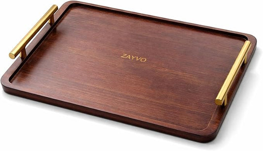 Zayvo Bamboo Serving Tray, Wood Serving Tray with Handles Breakfast Tray Decorative Tray for Living Room Kitchen Serving Platter Ottoman Tray Wood Bed Tray (Walnut Dark Brown, Medium