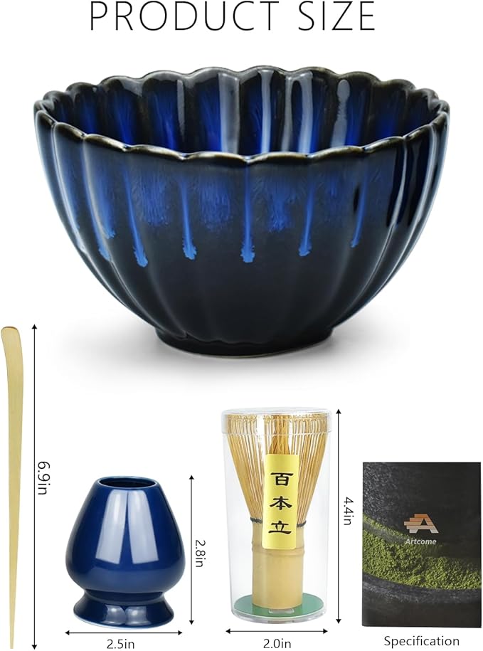 Artcome Matcha Tea Set - 17oz Petal-Shaped Matcha Bowl, Bamboo Whisk, Scoop, Whisk Holder & Brewing Guide - Japanese Tea Ceremony Tools for a Perfect Matcha Experience, Dark Blue