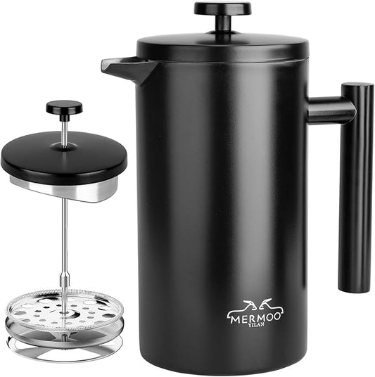 MERMOO YILAN French Press 34oz Insulated Stainless Steel Coffee Maker Unbreakable Coffee Press Easy to Clean for Home, Camping, Travel (Black)
