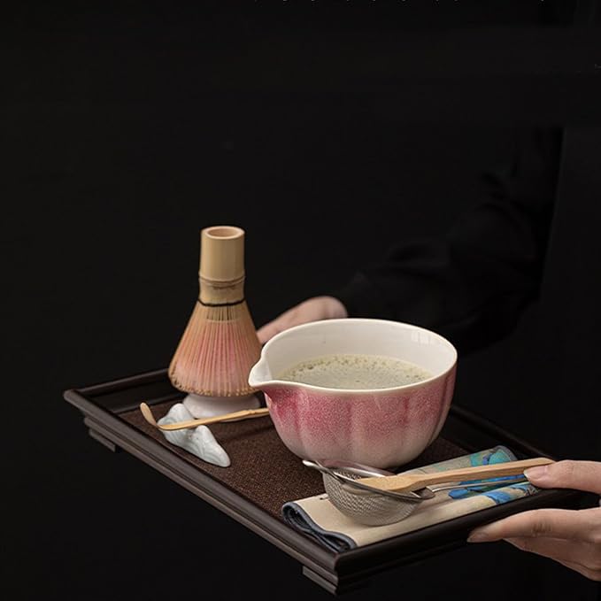 Matcha Whisk Set, Matcha Bowl with Spout, Whisk, Chasen Holder, Bamboo Scoop - 4 Pcs Perfect Kits for Matcha Lover and Tea Ceremony（Pink）
