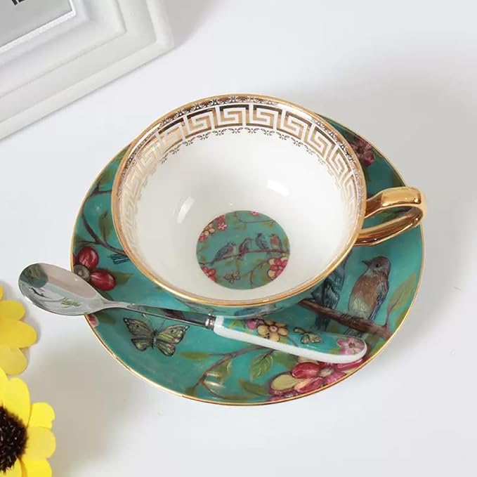 YBK Tech Euro Style Cup& Saucer Set Art Bone China Ceramic Tea Coffee Cup for Breakfast Home Kitchen- Birds and Trees Patterns (Blue)