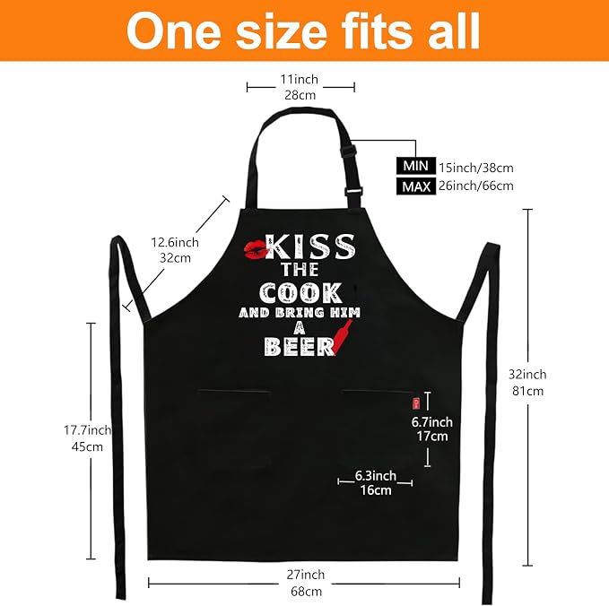 Grilling Apron - KISS THE COOK AND BRING HIM A BEER - Funny BBQ Aprons for Men Women Chef, Adjustable Kitchen Bib Apron with 2 Pockets and 40" Long Ties, Perfect for Cooking, Baking - Black - Image 4