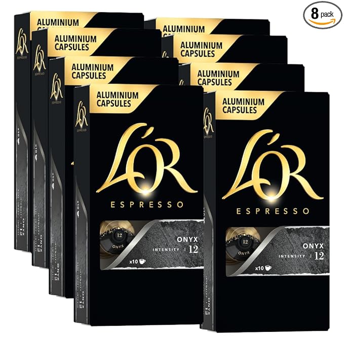L'OR Espresso Capsules, 80 Count Onyx, Single-Serve Aluminum Coffee Capsules Compatible with the L'OR BARISTA System & *Nespresso Original Machines, 80 Count (Pack of 8)