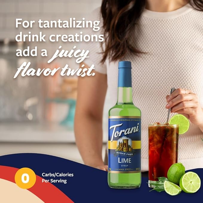 Torani Sugar Free Syrup, Lime Flavoring for Drinks, Zero Calorie, Glass Bottle with Pump Included, 25.4 Fl Oz