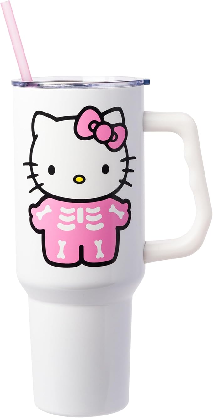 Silver Buffalo Sanrio Hello Kitty Halloween Spooky Skeleton Costume Double Walled Stainless Steel Tumbler with Handle and Straw, Fits in Standard Cup Holder, 40 Ounces